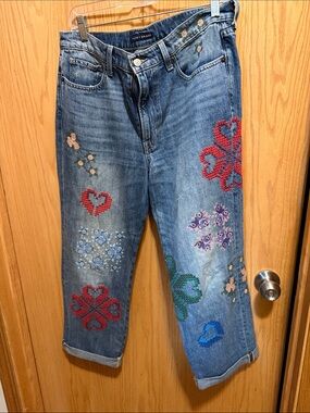Lucky Brand Blue Denim Boyfriend Jeans with Colorful Embroidered Motifs